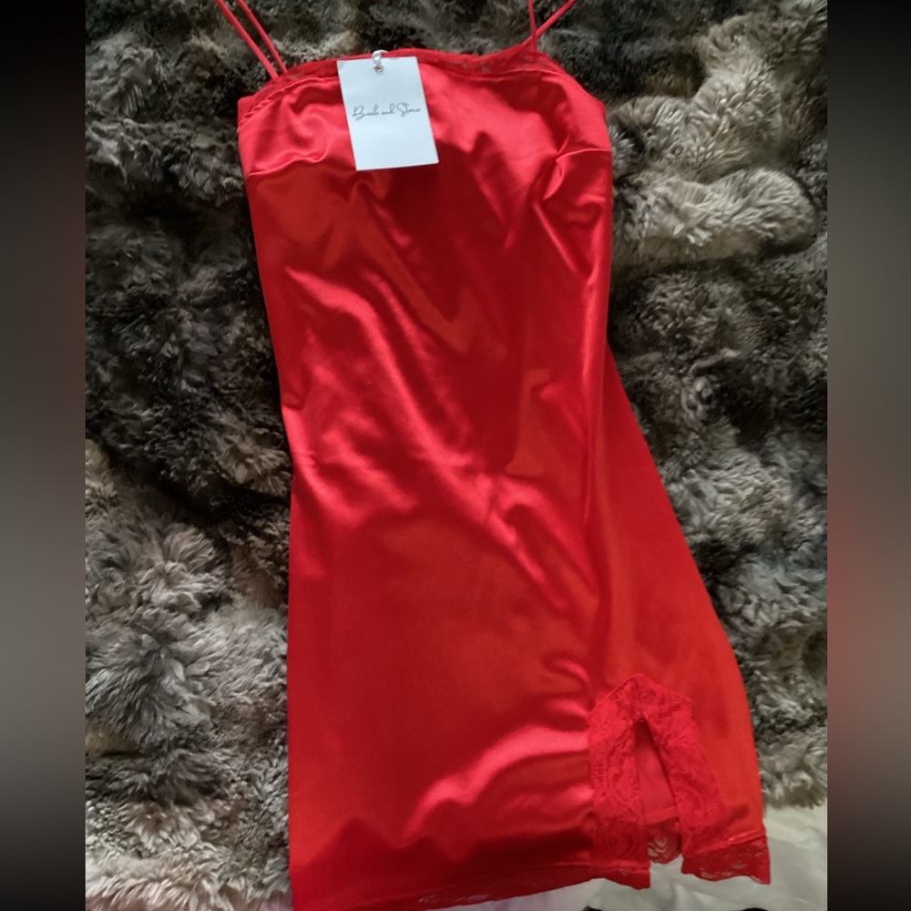 Red Satin Slip Dress with Lace Trim